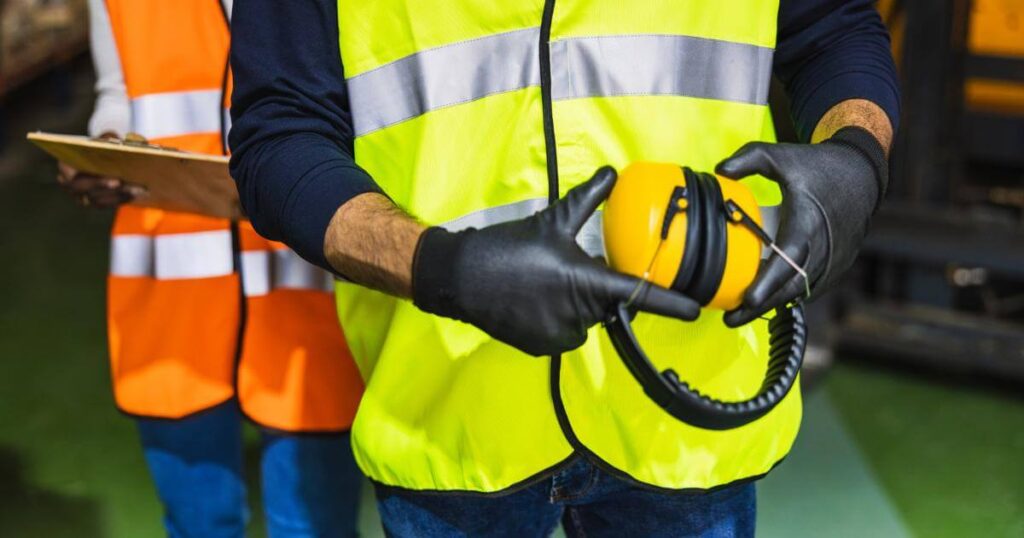 closeup of warehouse workers wearing safety vests and PPE