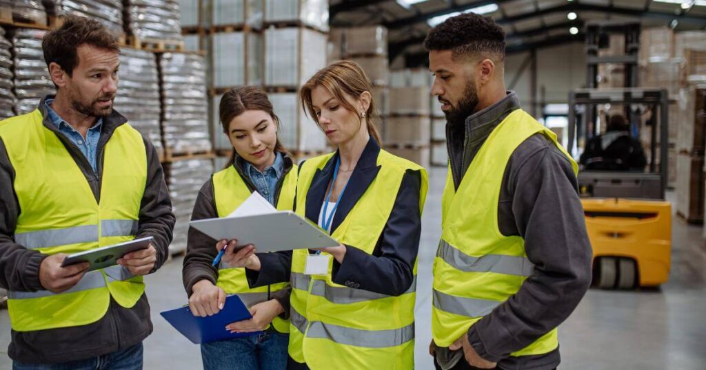 group of warehouse workers looking concerned at schedule