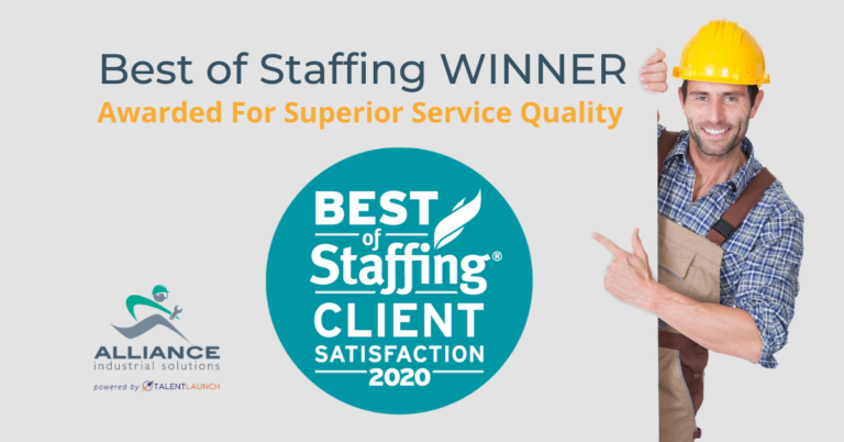 Alliance Industrial Solutions Wins ClearlyRated’s 2020 Best of Staffing Client Award for Service Excellence