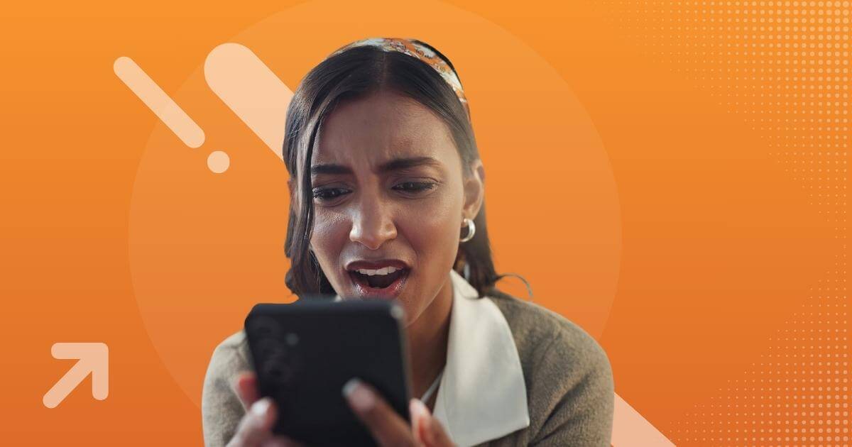 disgusted woman looking at job scam text on phone