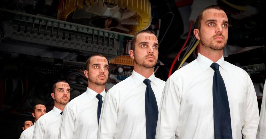 cloned workers in manufacturing line